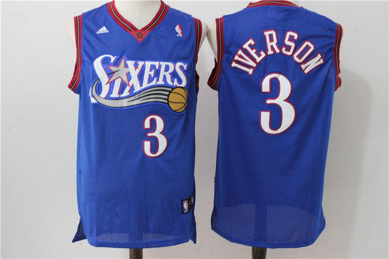 Men Philadelphia 76ers #3 Iverson Blue Throwback Adidas NBA Jersey